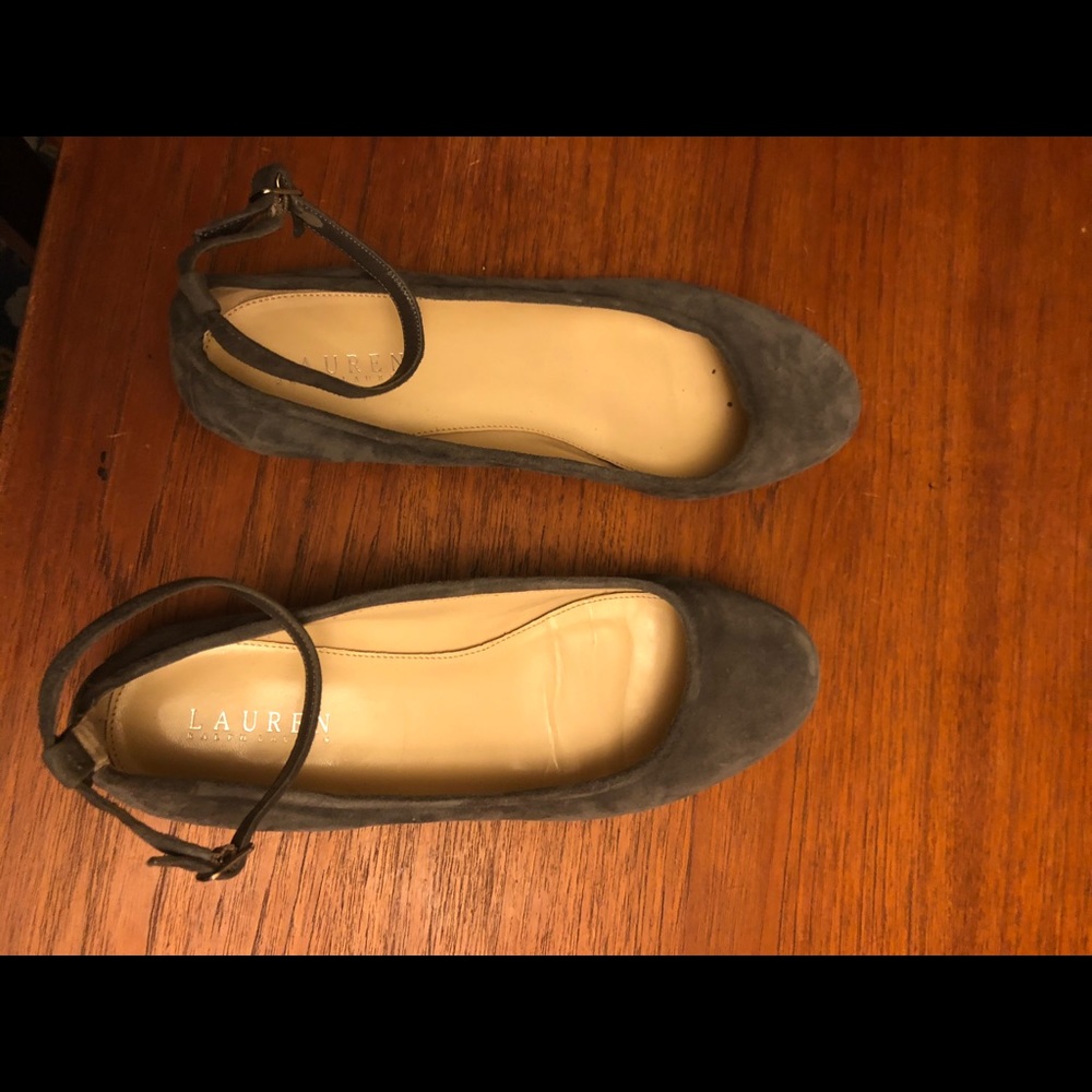 Ralph Lauren gray suede flats ankle strap Size 10